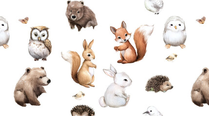 A whimsical pattern featuring cute woodland animals including rabbits, owls, hedgehogs, foxes, and bears, surrounded by leaves and butterflies on a white background