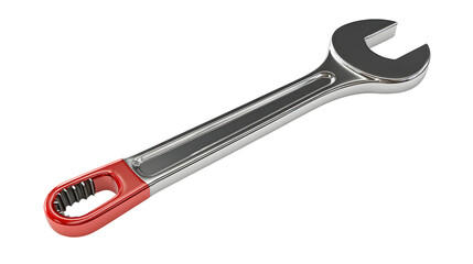 3D rendering of a shiny chrome adjustable wrench on a white background.
