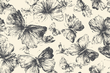 Beautiful and elegant oversized Butterflies pattern with delicate line details within Butterflies presents a hand-drawn sketch ideal for fabric, fashion, clothing, illustration, abstract, Background