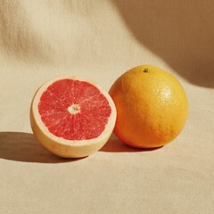 Sliced grapefruit showing its vivid red interior, next to a whole fruit