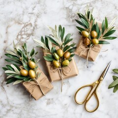 Three wrapped gifts adorned with olive branches and golden scissors on marble