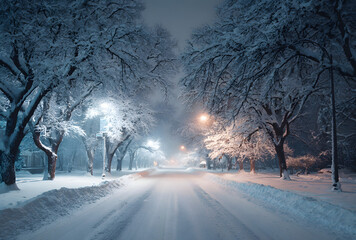 Quiet snow covered street at night illuminated by street lights in peaceful winter landscape