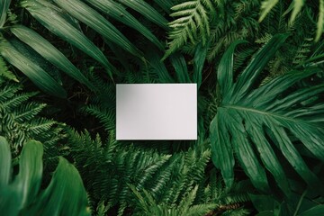 White card rests amidst lush green foliage, including fern and monstera leaves