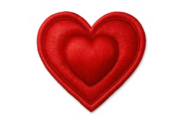 Red heart shape plush patch with soft fuzzy texture, symbolizing love and romance, isolated on transparent background