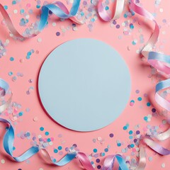 Circular light blue plate surrounded by ribbons and confetti on pink background