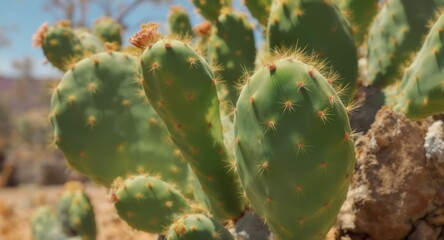 Close-up of a vibrant green prickly pear cactus with buds in a sunny desert landscape