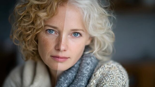 Skin transformation split portrait, woman&rsquo;s mature half showing realistic age lines, the youthful half flawless with even complexion, high-resolution macro detailing
