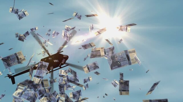 Iceland krona Icelandic money banknotes helicopter money dropping. 10000 ISK notes abstract 3d concept of inflation, money printing, finance, economy, crisis and quantitative easing.