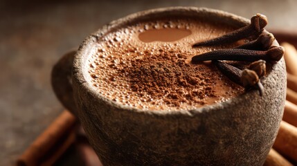 Rustic stone cup of spicy cocoa photographed close-up. Texture of froth clearly detailed, sprinkled lightly with cocoa powder. Whole