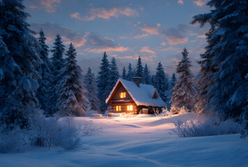 Cozy cabin house glowing with warm light in snowy winter forest at dusk