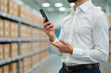 Warehouse Worker Using Smartphone For Inventory Management