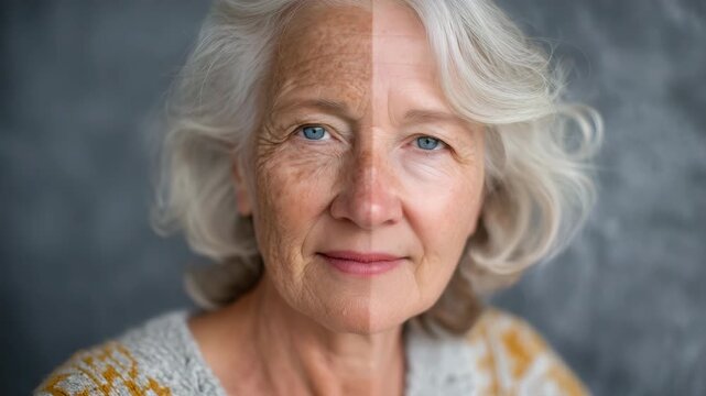 Split-face portrait of a woman, one side showing deep wrinkles, age spots, and sagging skin, the other side smooth, firm, and youthful, dramatic studio lighting highlighting the co