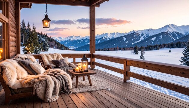 Cozy cabin porch with soft blankets and lanterns overlooking snowy mountains at dusk