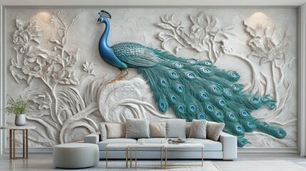 3D peacock wall art in modern living room