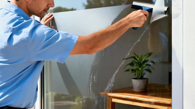 Medium shot capturing the process of applying tinted UVprotection film on glass reducing glare and heat while protecting interiors from UV damage.
