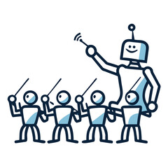 AI Robot Conductor Leading Automated Workforce or Stick Figure Orchestra. Concept of Artificial Intelligence Leadership, Automation, and Control over Human Tasks.