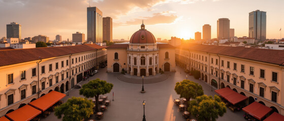 Fototapeta premium Beautiful sunset over historic plaza with modern skyscrapers in background, showcasing blend of architecture and vibrant atmosphere
