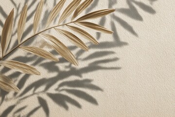 Beige palm frond casts a shadow on textured cream paper