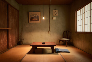 Minimal japanese tatami room interior with low wooden table and soft natural light