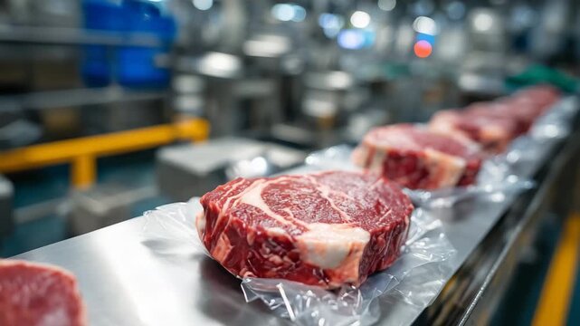Top-down view of packaged beef steaks lined up on a stainless steel surface, bright clean processing plant environment, precise arrangement emphasizing quality and hygiene