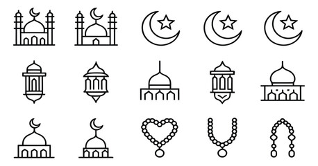 decorative line art icon set featuring Ramadan symbols including mosque domes, crescent moon, lanterns, prayer beads, and stars for Islamic religious design projects. © CREATIVE MUNNA