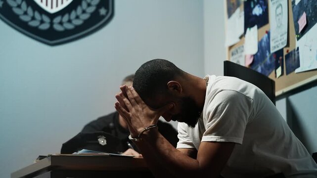 African American man in handcuffs holding his head during police interrogation