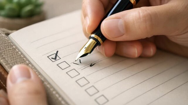 Work life balance productivity routine concept. Hand checking off a list in a notebook with a fountain pen.