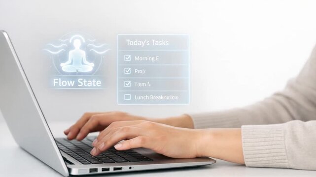 Work life balance productivity routine concept. Focused hands typing on a laptop with wellness tasks displayed.