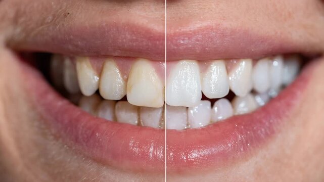 Ultra-close-up of teeth whitening results, left side showing natural stains and shadows, right side glowing with reflective brilliance, refined lighting creating a pristine clinica
