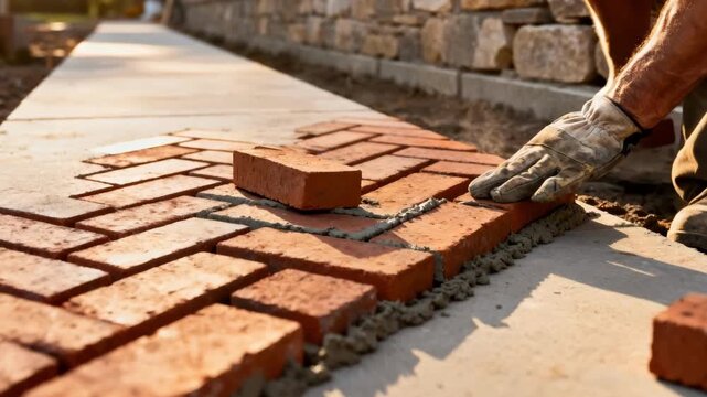 Medium shot of hands skillfully laying bricks in a herringbone pattern highlighting craftsmanship on a smooth outdoor walkway.