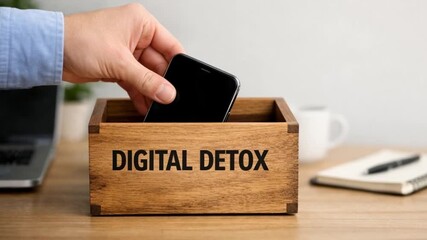 Work life balance productivity routine concept. Hand placing phone in a box labeled "Digital Detox.