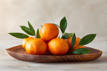 Fresh tangerines with green leaves arranged on wooden plate against neutral background