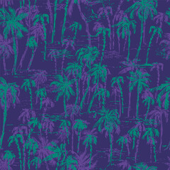 Hand drawn palm trees sketch seamless pattern in purple and green color. Summer holiday background. Exotic plants, island vacation, tropical flora, travel design.
