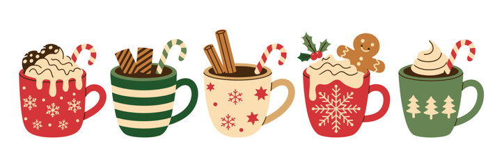Christmas Hot Chocolate and Cocoa Cute Cartoon Mug Icons Vector Illustration