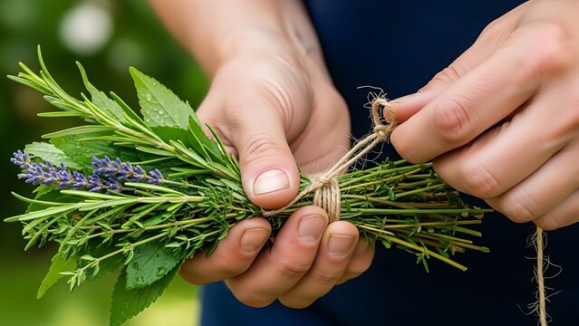 Hands Tying Aromatic Culinary Herbs Together with Twine for Garden Fresh Flavors