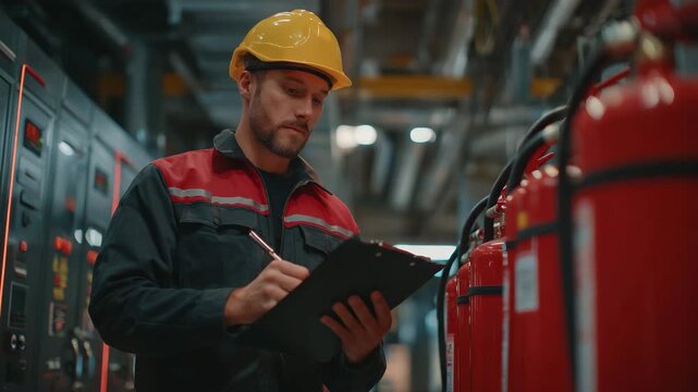 Worker in a bright hard hat examining a neatly aligned row of red fire extinguishers in an industrial hallway, clipboard in hand, metallic walls reflecting safety lights