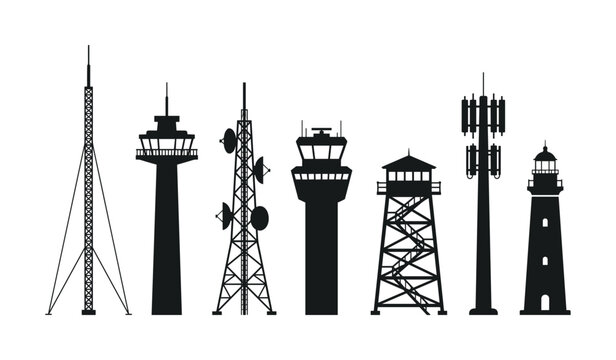 Communication and observation towers silhouette collection vector