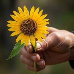 Holding a sunflower offering joy and hope, hand displaying floral gift