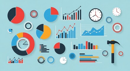 Collection of various charts, graphs, clocks, and a hammer symbolizing data analysis, business growth, time management, and construction