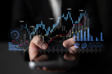 A businessman engaging with a smartphone displaying financial data. The image features vibrant graphs and charts illustrating market trends and investment performance. Scalp