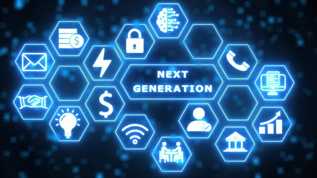 Next Generation Network Concept with Connected Icons and Glowing Blue Hexagons on Dark Background future