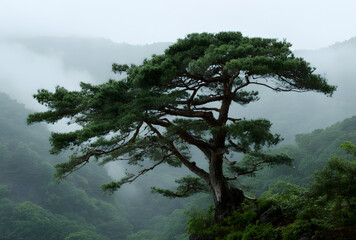 Ancient pine tree growing on misty mountain cliff creating serene and timeless nature landscape