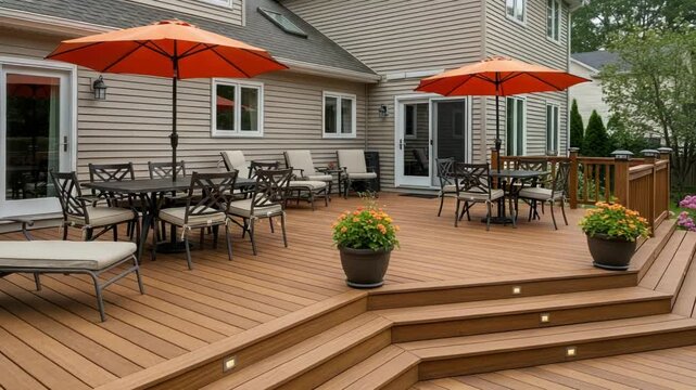 outdoor patio with tables and chairs