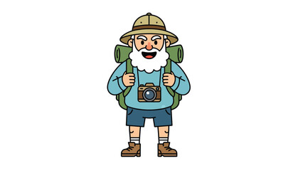 Naklejka premium Cartoon elderly man adventurer with backpack and camera.