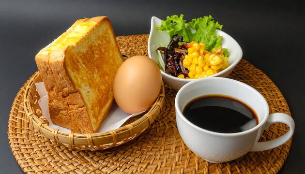 バスケットに盛られたトースト中心のモーニングセットが心地よい朝を演出