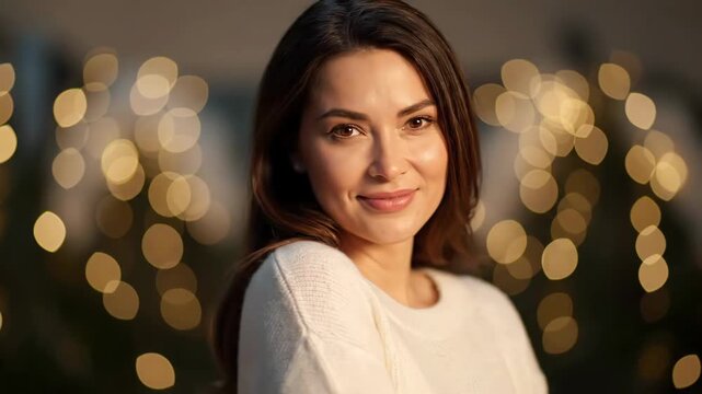 Portrait of a beautiful young woman smiling softly with bokeh lights in the background.