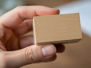 Engaging close-up capturing human hand delicately holding a wooden block