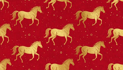 黄金の馬が駆ける赤の和柄シームレス背景：午年の年賀状や祝事に最適な豪華素材