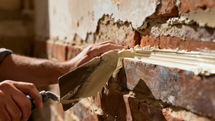 Medium shot of skilled hands applying lime mortar to repair old brick joints highlighting traditional pointing techniques for durable restoration.