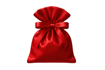 Red satin gift bag with ribbon, transparent background